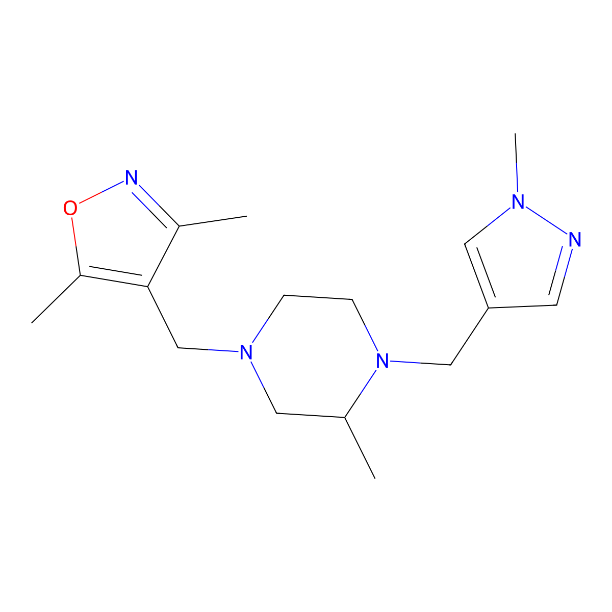 4-[(3,5-dimethyl-1,2-oxazol-4-yl)methyl]-2-methyl-1-[(1-methyl-1H-pyrazol-4-yl)methyl]piperazine molecular structure, CAS 2770611-21-5