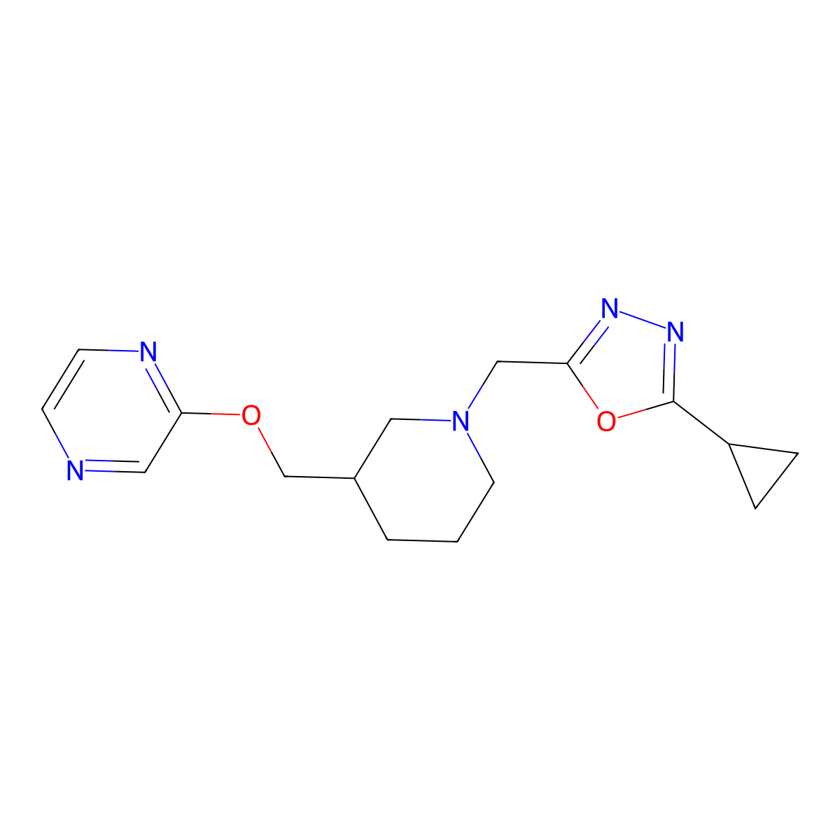 2-({1-[(5-Cyclopropyl-1,3,4-oxadiazol-2-yl)methyl]piperidin-3-yl}methoxy)pyrazine molecular structure, CAS 2770611-25-9