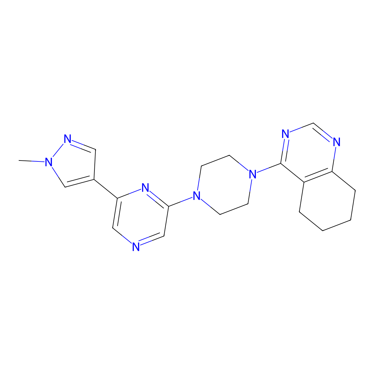 4-{4-[6-(1-methyl-1H-pyrazol-4-yl)pyrazin-2-yl]piperazin-1-yl}-5,6,7,8-tetrahydroquinazoline molecular structure, CAS 2770611-44-2