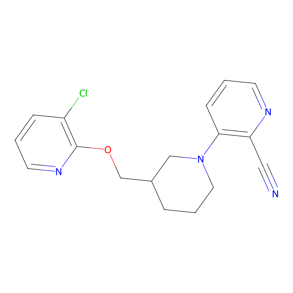 3-(3-{[(3-Chloropyridin-2-yl)oxy]methyl}piperidin-1-yl)pyridine-2-carbonitrile molecular structure, CAS 2770611-53-3