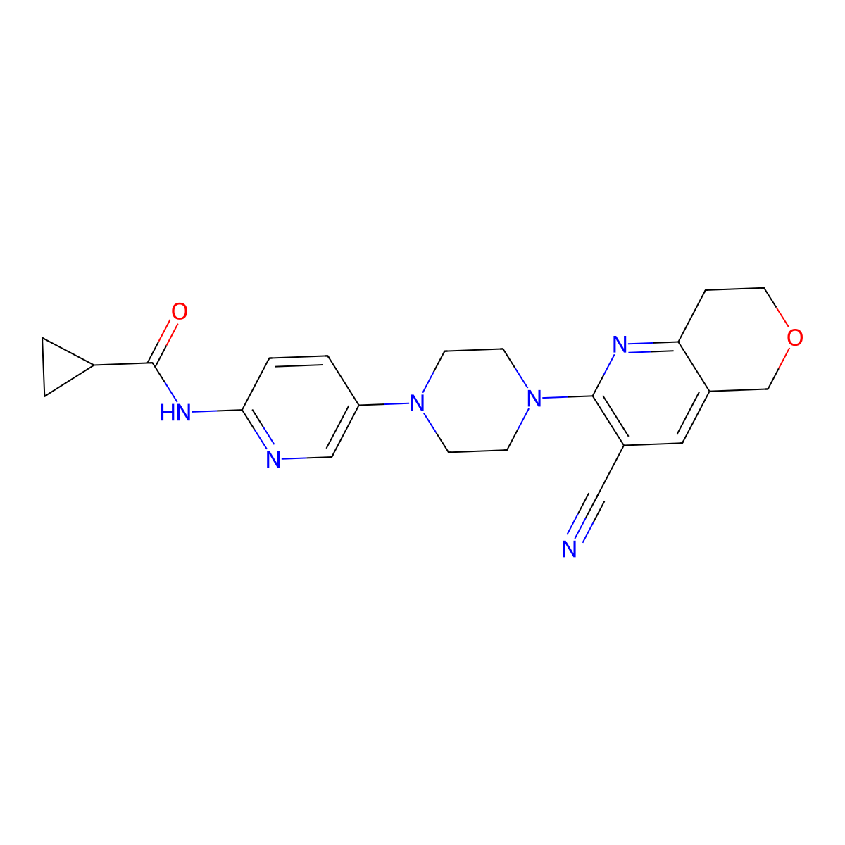 N-[5-(4-{3-cyano-5H,7H,8H-pyrano[4,3-b]pyridin-2-yl}piperazin-1-yl)pyridin-2-yl]cyclopropanecarboxamide molecular structure, CAS 2770611-57-7