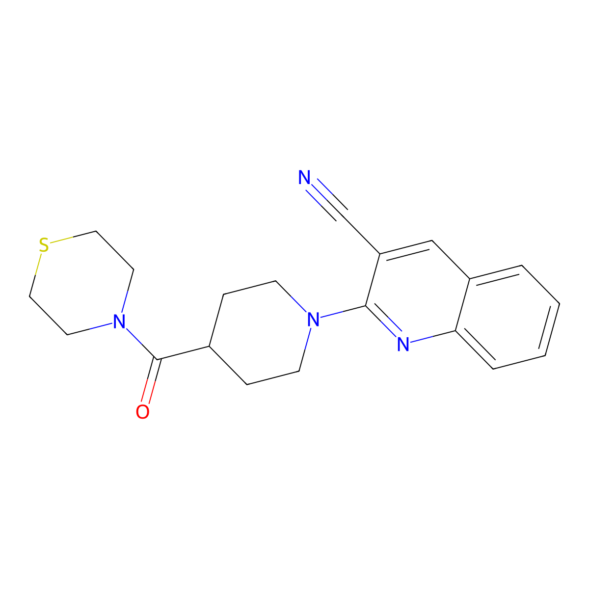 2-[4-(Thiomorpholine-4-carbonyl)piperidin-1-yl]quinoline-3-carbonitrile molecular structure, CAS 2770611-67-9