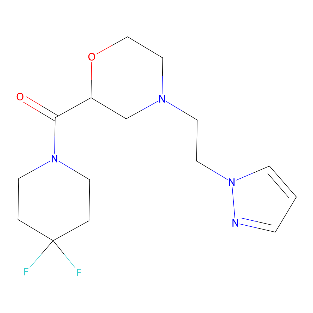 2-(4,4-difluoropiperidine-1-carbonyl)-4-[2-(1H-pyrazol-1-yl)ethyl]morpholine molecular structure, CAS 2770611-74-8