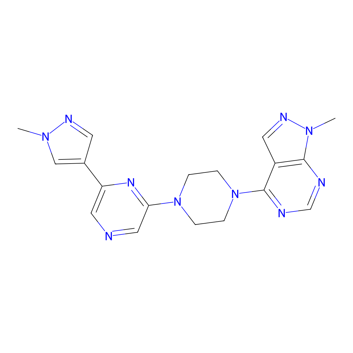 2-(1-methyl-1H-pyrazol-4-yl)-6-(4-{1-methyl-1H-pyrazolo[3,4-d]pyrimidin-4-yl}piperazin-1-yl)pyrazine molecular structure, CAS 2770611-77-1