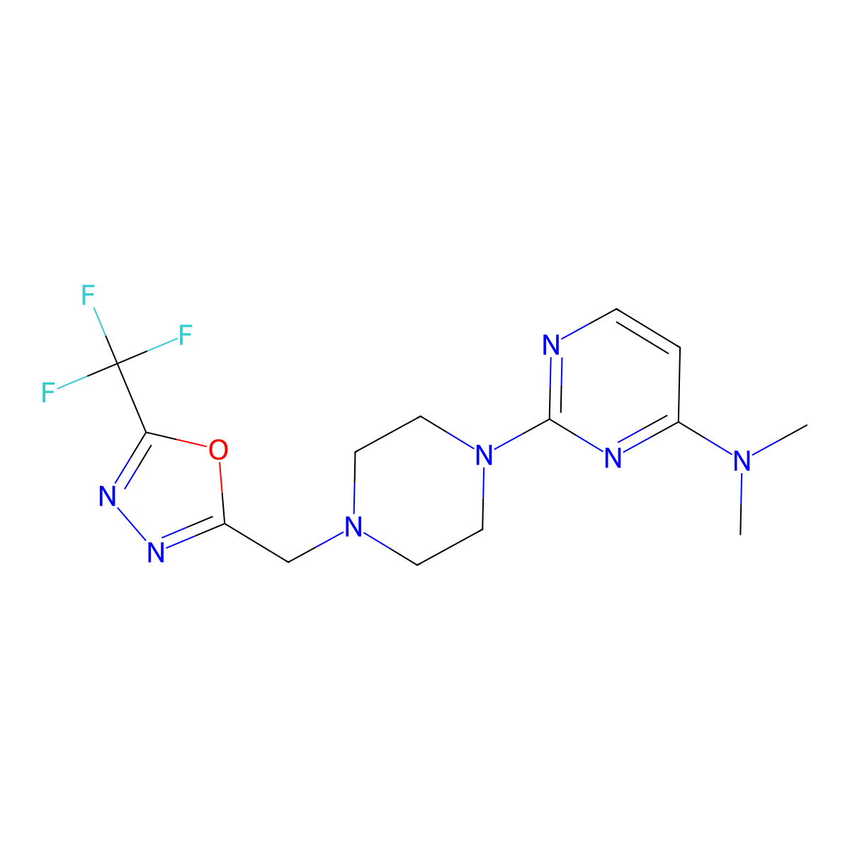 N,N-dimethyl-2-(4-{[5-(trifluoromethyl)-1,3,4-oxadiazol-2-yl]methyl}piperazin-1-yl)pyrimidin-4-amine molecular structure, CAS 2770611-78-2