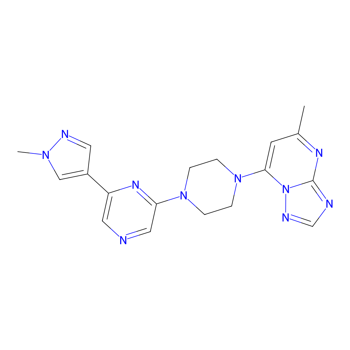 2-(1-methyl-1H-pyrazol-4-yl)-6-(4-{5-methyl-[1,2,4]triazolo[1,5-a]pyrimidin-7-yl}piperazin-1-yl)pyrazine molecular structure, CAS 2770611-84-0