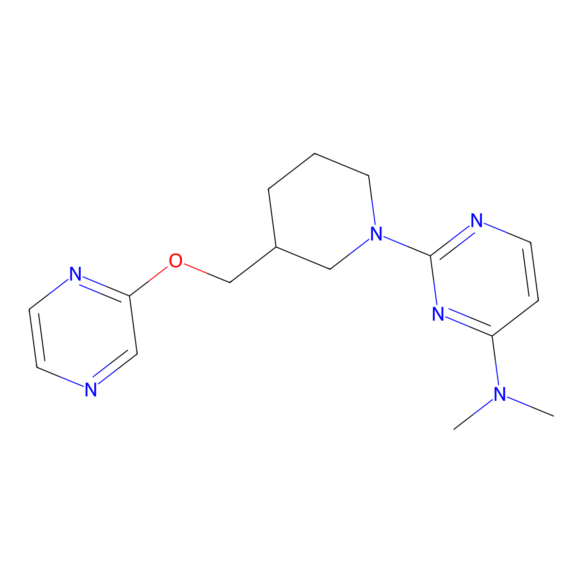 N,N-dimethyl-2-{3-[(pyrazin-2-yloxy)methyl]piperidin-1-yl}pyrimidin-4-amine molecular structure, CAS 2770611-85-1