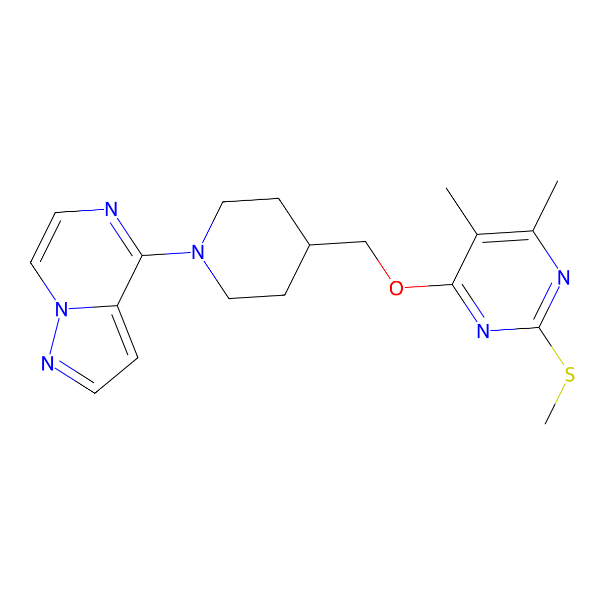 4,5-Dimethyl-2-(methylsulfanyl)-6-[(1-{pyrazolo[1,5-a]pyrazin-4-yl}piperidin-4-yl)methoxy]pyrimidine molecular structure, CAS 2770611-86-2