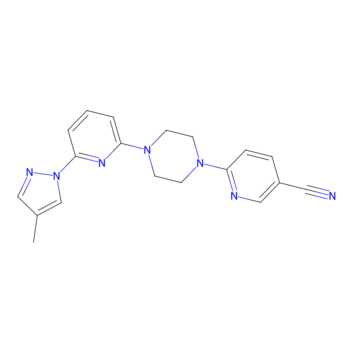 6-{4-[6-(4-methyl-1H-pyrazol-1-yl)pyridin-2-yl]piperazin-1-yl}pyridine-3-carbonitrile molecular structure, CAS 2770611-87-3