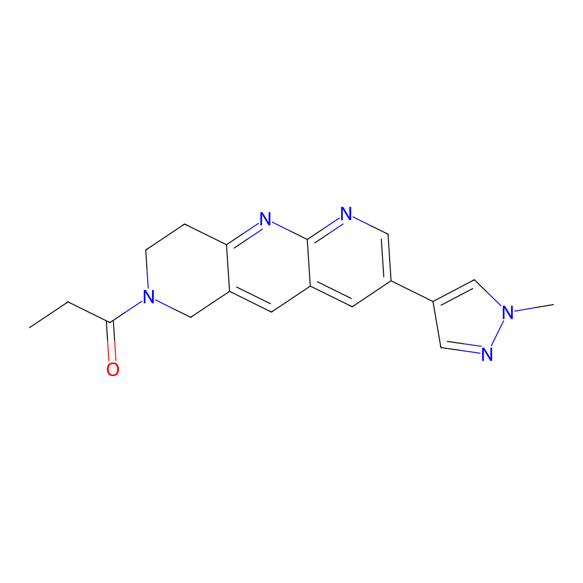 1-[3-(1-methyl-1H-pyrazol-4-yl)-6H,7H,8H,9H-pyrido[2,3-b]1,6-naphthyridin-7-yl]propan-1-one molecular structure, CAS 2770612-03-6