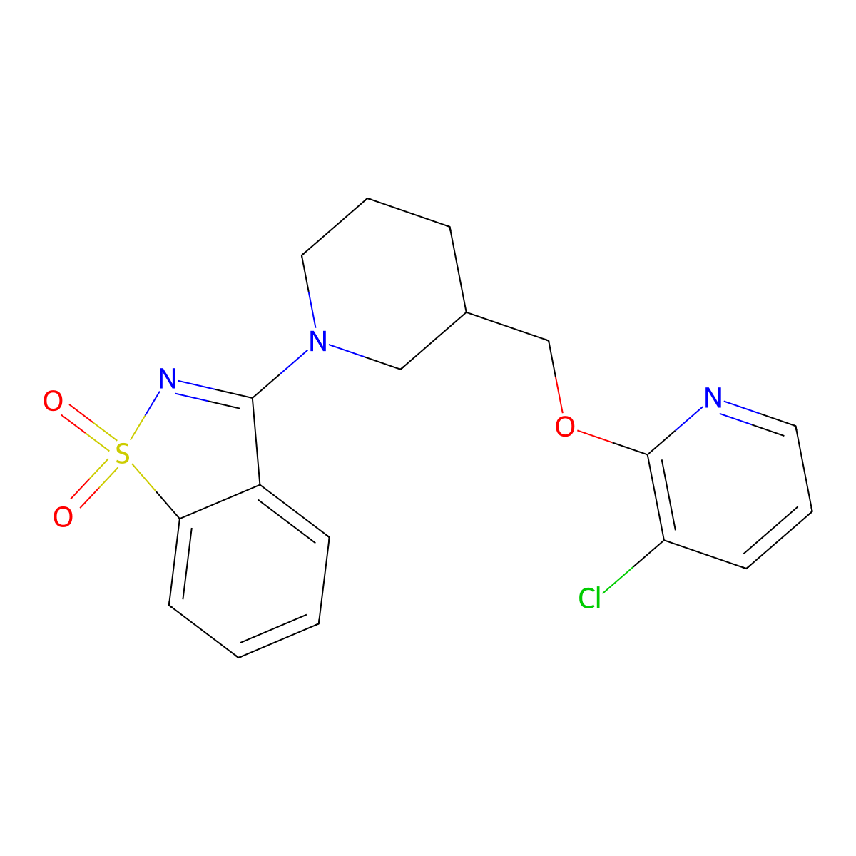 3-[3-[(3-Chloro-2-pyridinyl)oxymethyl]piperidin-1-yl]-1,2-benzothiazole 1,1-dioxide molecular structure, CAS 2770612-10-5