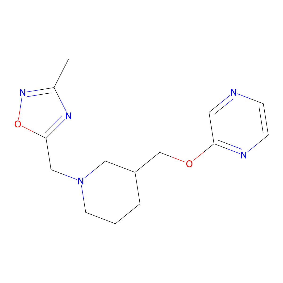 2-({1-[(3-Methyl-1,2,4-oxadiazol-5-yl)methyl]piperidin-3-yl}methoxy)pyrazine molecular structure, CAS 2770612-14-9