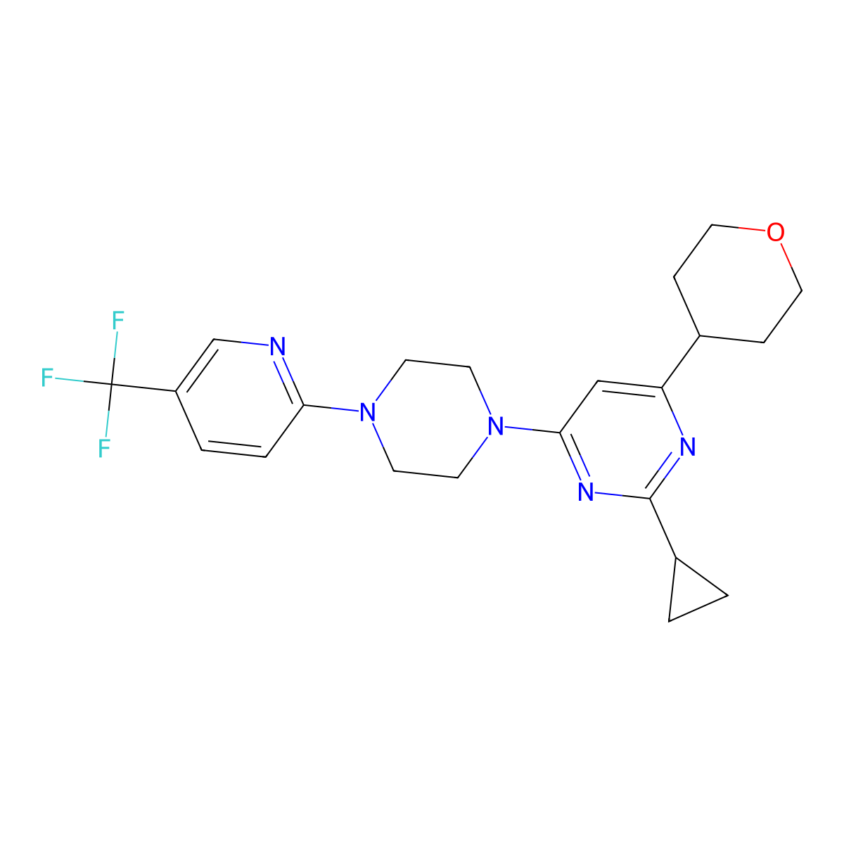 2-Cyclopropyl-4-(oxan-4-yl)-6-{4-[5-(trifluoromethyl)pyridin-2-yl]piperazin-1-yl}pyrimidine molecular structure, CAS 2770612-16-1