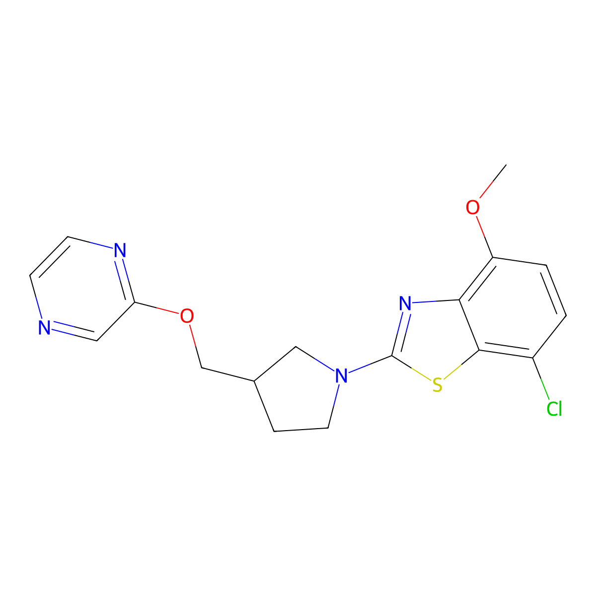 7-Chloro-4-methoxy-2-{3-[(pyrazin-2-yloxy)methyl]pyrrolidin-1-yl}-1,3-benzothiazole molecular structure, CAS 2770612-19-4
