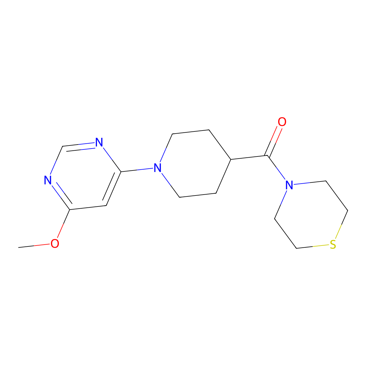 4-[1-(6-Methoxypyrimidin-4-yl)piperidine-4-carbonyl]thiomorpholine molecular structure, CAS 2770612-26-3