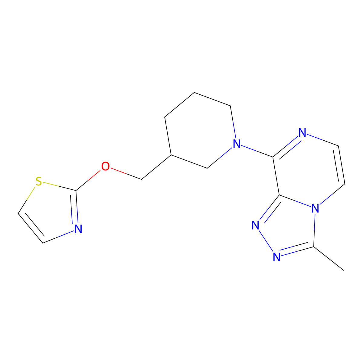1-{3-Methyl-[1,2,4]triazolo[4,3-a]pyrazin-8-yl}-3-[(1,3-thiazol-2-yloxy)methyl]piperidine molecular structure, CAS 2770612-28-5