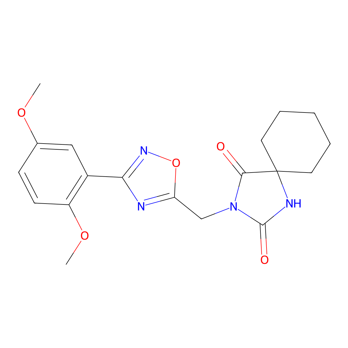 3-{[3-(2,5-Dimethoxyphenyl)-1,2,4-oxadiazol-5-yl]methyl}-1,3-diazaspiro[4.5]decane-2,4-dione molecular structure, CAS 2770612-30-9