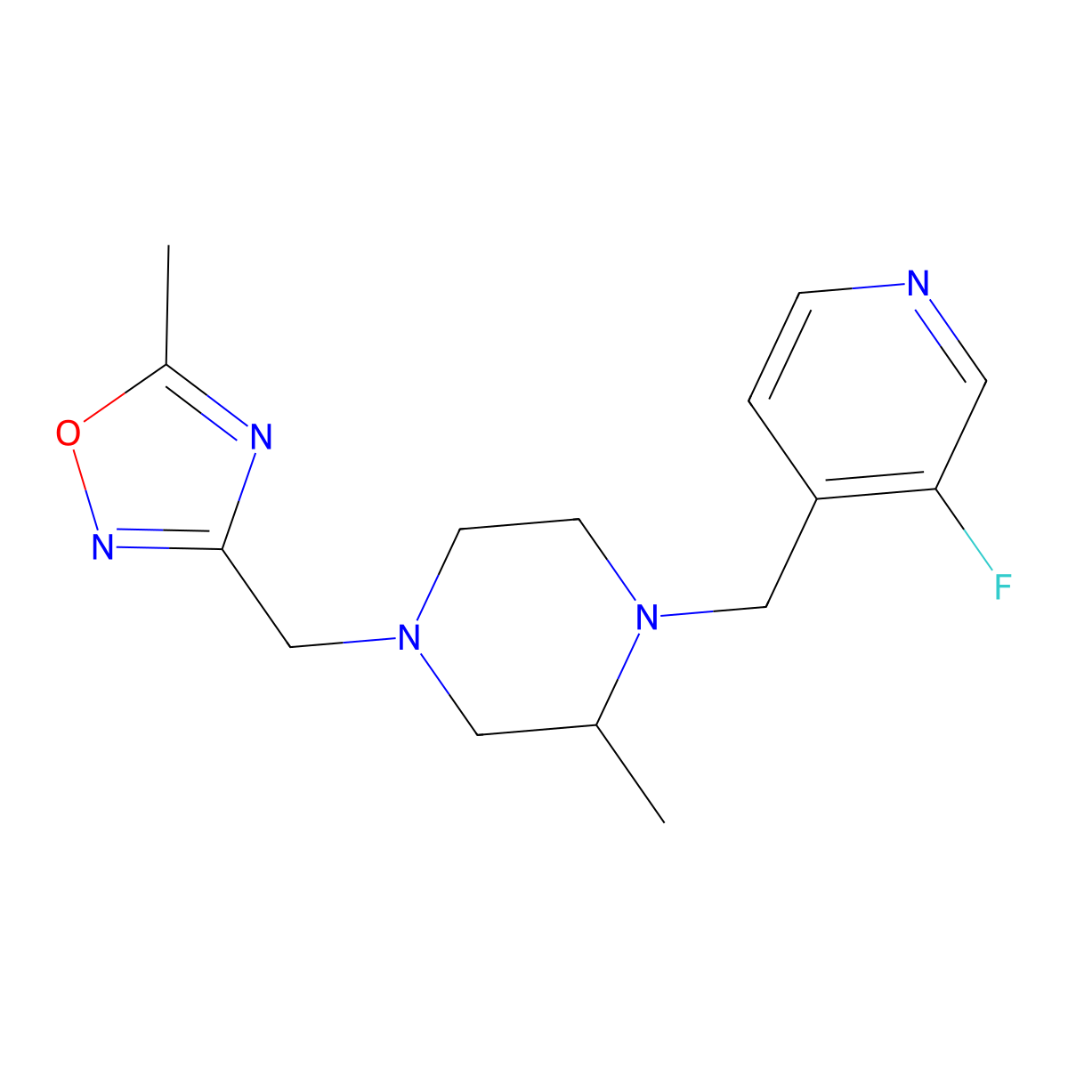 1-[(3-Fluoropyridin-4-yl)methyl]-2-methyl-4-[(5-methyl-1,2,4-oxadiazol-3-yl)methyl]piperazine molecular structure, CAS 2770612-37-6