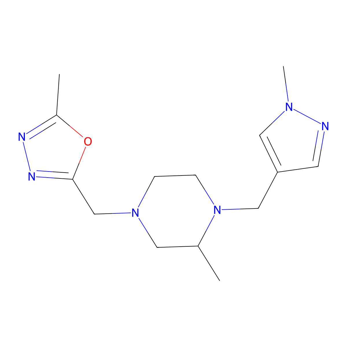 2-methyl-4-[(5-methyl-1,3,4-oxadiazol-2-yl)methyl]-1-[(1-methyl-1H-pyrazol-4-yl)methyl]piperazine molecular structure, CAS 2770612-39-8