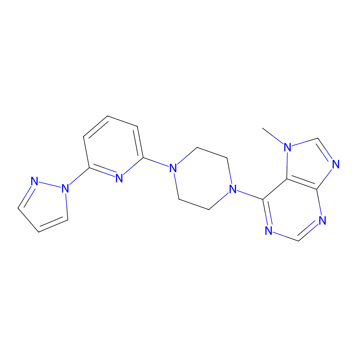 7-methyl-6-{4-[6-(1H-pyrazol-1-yl)pyridin-2-yl]piperazin-1-yl}-7H-purine molecular structure, CAS 2770612-40-1