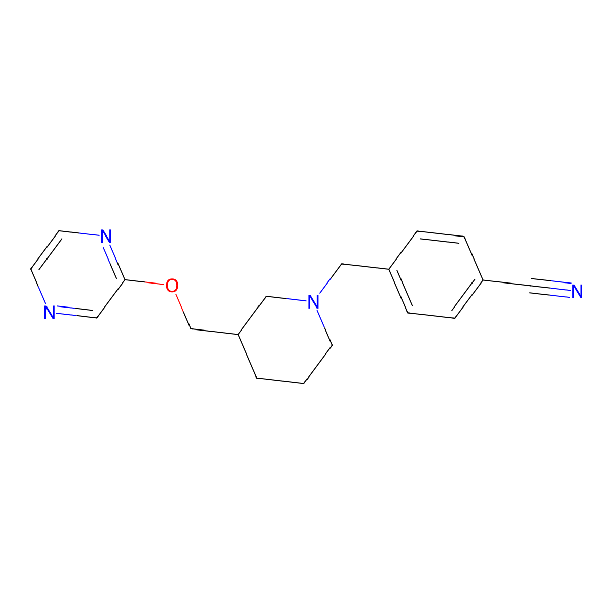 4-({3-[(Pyrazin-2-yloxy)methyl]piperidin-1-yl}methyl)benzonitrile molecular structure, CAS 2770612-49-0
