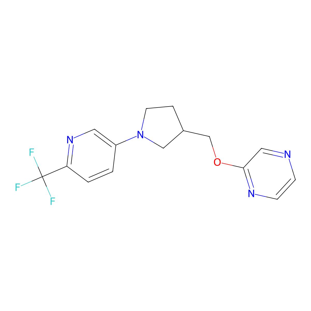 2-({1-[6-(Trifluoromethyl)pyridin-3-yl]pyrrolidin-3-yl}methoxy)pyrazine molecular structure, CAS 2770612-50-3