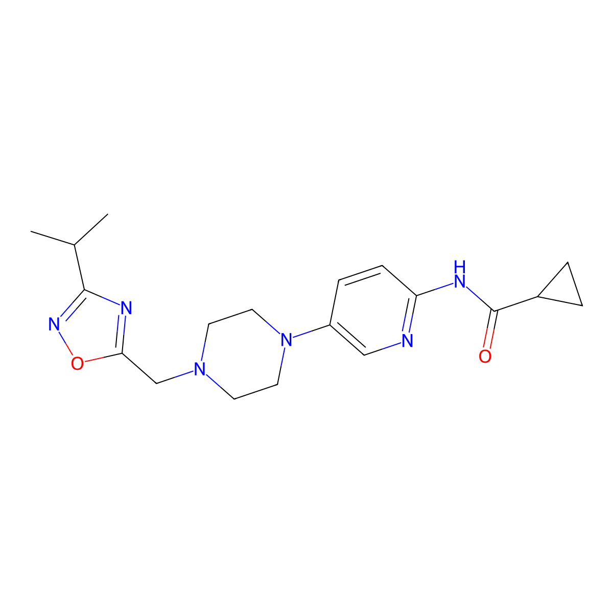 N-[5-(4-{[3-(propan-2-yl)-1,2,4-oxadiazol-5-yl]methyl}piperazin-1-yl)pyridin-2-yl]cyclopropanecarboxamide molecular structure, CAS 2770612-58-1