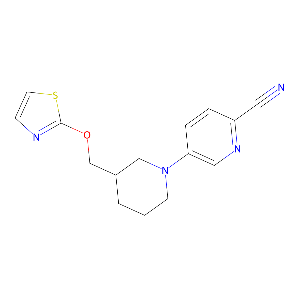 5-{3-[(1,3-Thiazol-2-yloxy)methyl]piperidin-1-yl}pyridine-2-carbonitrile molecular structure, CAS 2770612-64-9