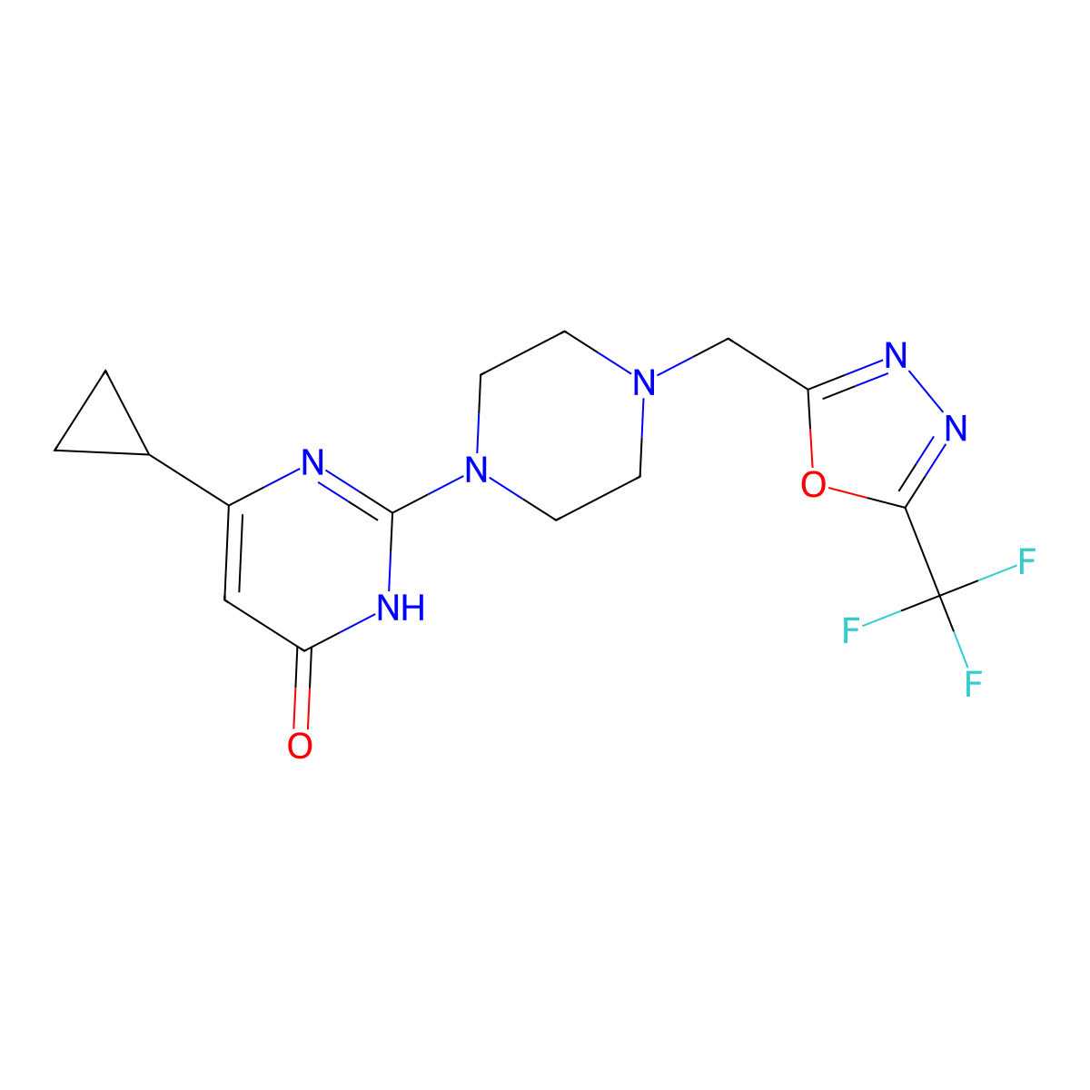 6-Cyclopropyl-2-(4-{[5-(trifluoromethyl)-1,3,4-oxadiazol-2-yl]methyl}piperazin-1-yl)-3,4-dihydropyrimidin-4-one molecular structure, CAS 2770612-70-7