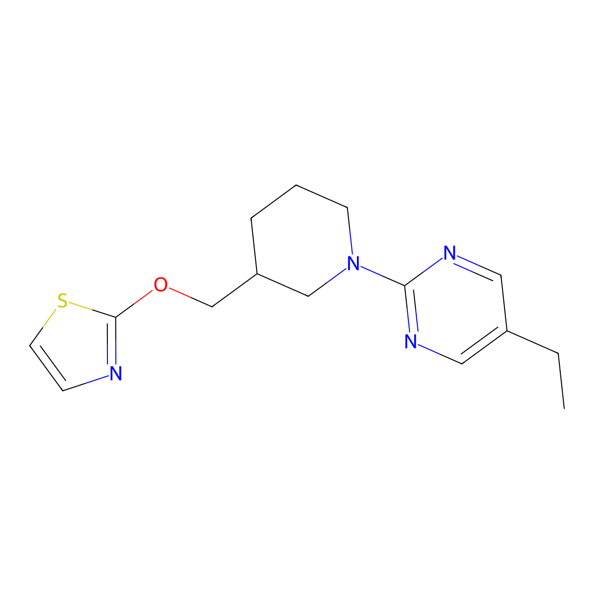 5-Ethyl-2-{3-[(1,3-thiazol-2-yloxy)methyl]piperidin-1-yl}pyrimidine molecular structure, CAS 2770612-76-3