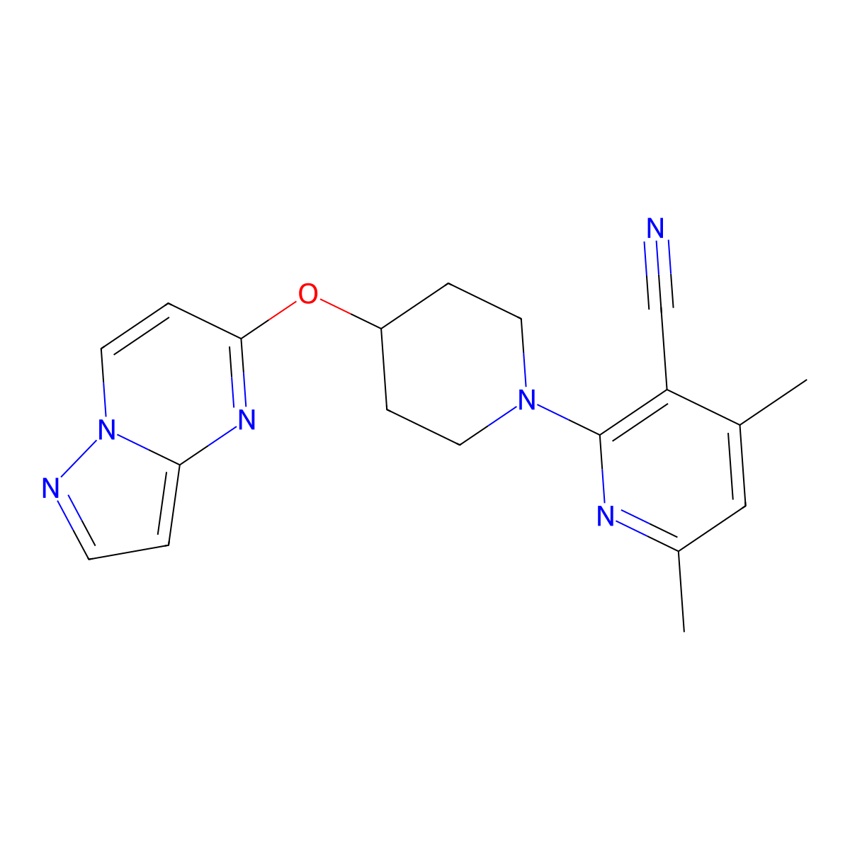 4,6-Dimethyl-2-(4-{pyrazolo[1,5-a]pyrimidin-5-yloxy}piperidin-1-yl)pyridine-3-carbonitrile molecular structure, CAS 2770612-81-0