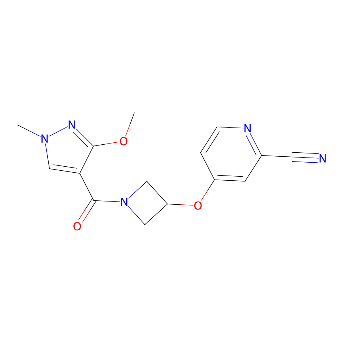 4-{[1-(3-methoxy-1-methyl-1H-pyrazole-4-carbonyl)azetidin-3-yl]oxy}pyridine-2-carbonitrile molecular structure, CAS 2770612-88-7