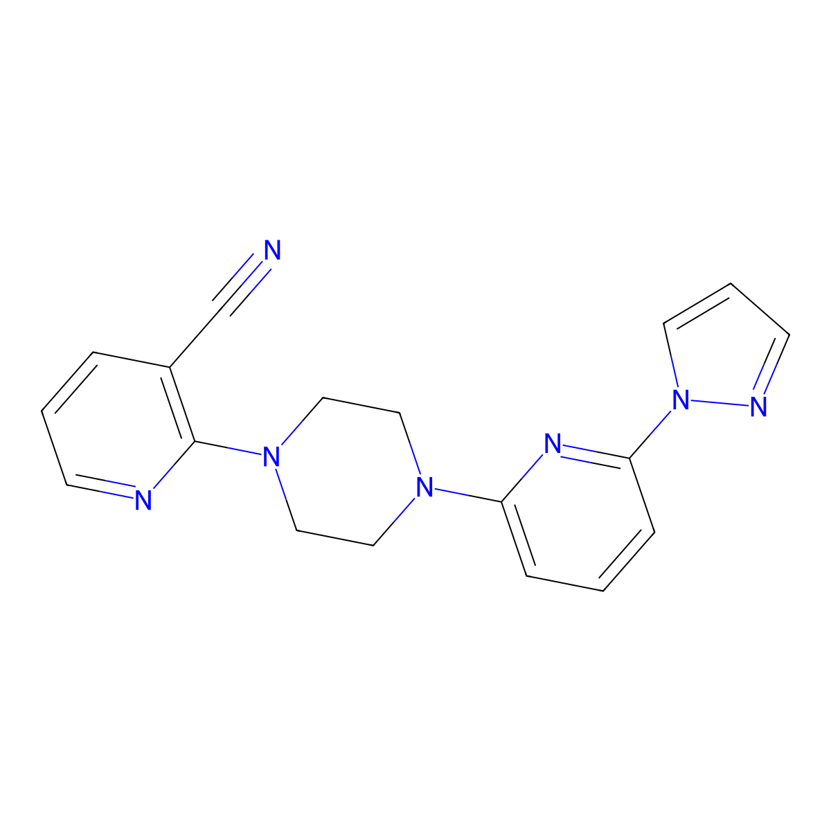 2-{4-[6-(1H-pyrazol-1-yl)pyridin-2-yl]piperazin-1-yl}pyridine-3-carbonitrile molecular structure, CAS 2770612-89-8
