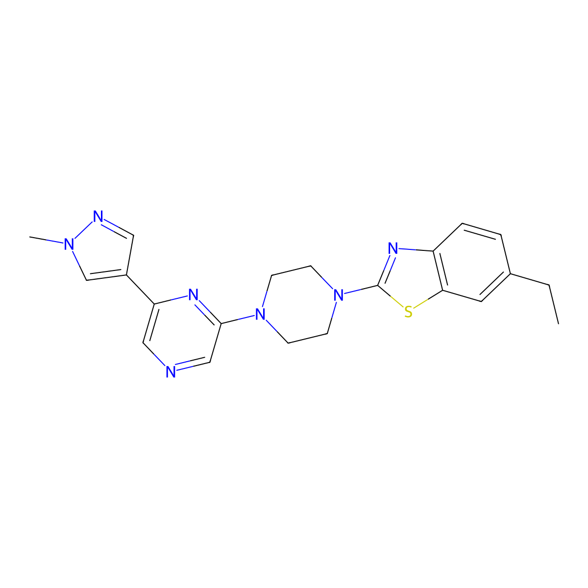 6-ethyl-2-{4-[6-(1-methyl-1H-pyrazol-4-yl)pyrazin-2-yl]piperazin-1-yl}-1,3-benzothiazole molecular structure, CAS 2770613-13-1