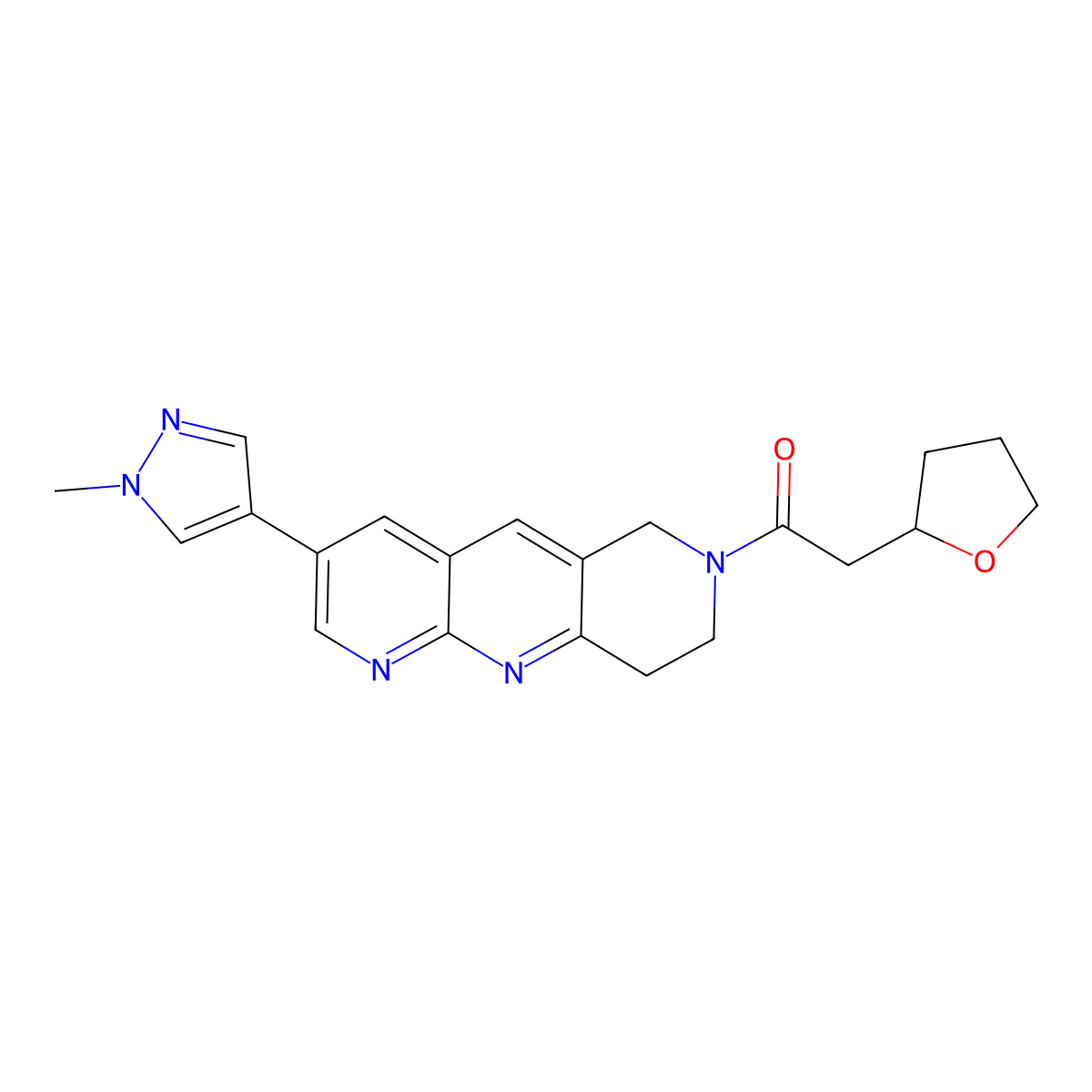 1-[3-(1-methyl-1H-pyrazol-4-yl)-6H,7H,8H,9H-pyrido[2,3-b]1,6-naphthyridin-7-yl]-2-(oxolan-2-yl)ethan-1-one molecular structure, CAS 2770613-21-1