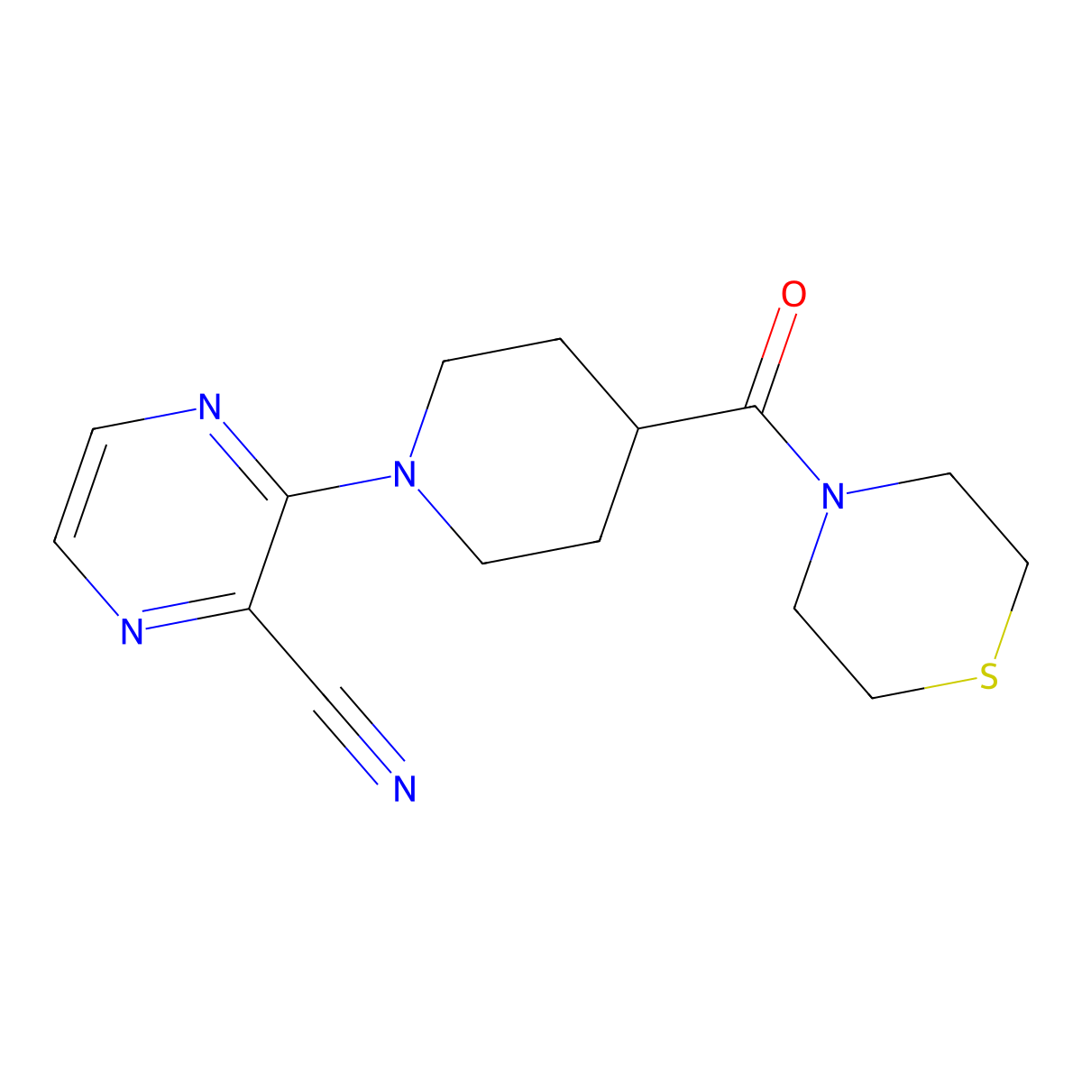 3-[4-(Thiomorpholine-4-carbonyl)piperidin-1-yl]pyrazine-2-carbonitrile molecular structure, CAS 2770613-27-7