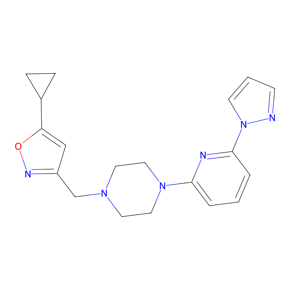 1-[(5-cyclopropyl-1,2-oxazol-3-yl)methyl]-4-[6-(1H-pyrazol-1-yl)pyridin-2-yl]piperazine molecular structure, CAS 2770613-31-3