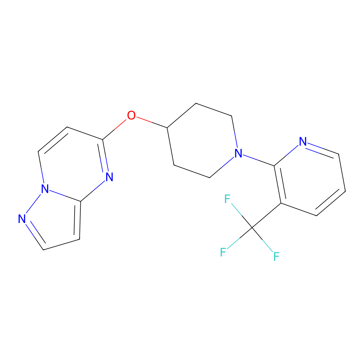 2-(4-{Pyrazolo[1,5-a]pyrimidin-5-yloxy}piperidin-1-yl)-3-(trifluoromethyl)pyridine molecular structure, CAS 2770613-37-9