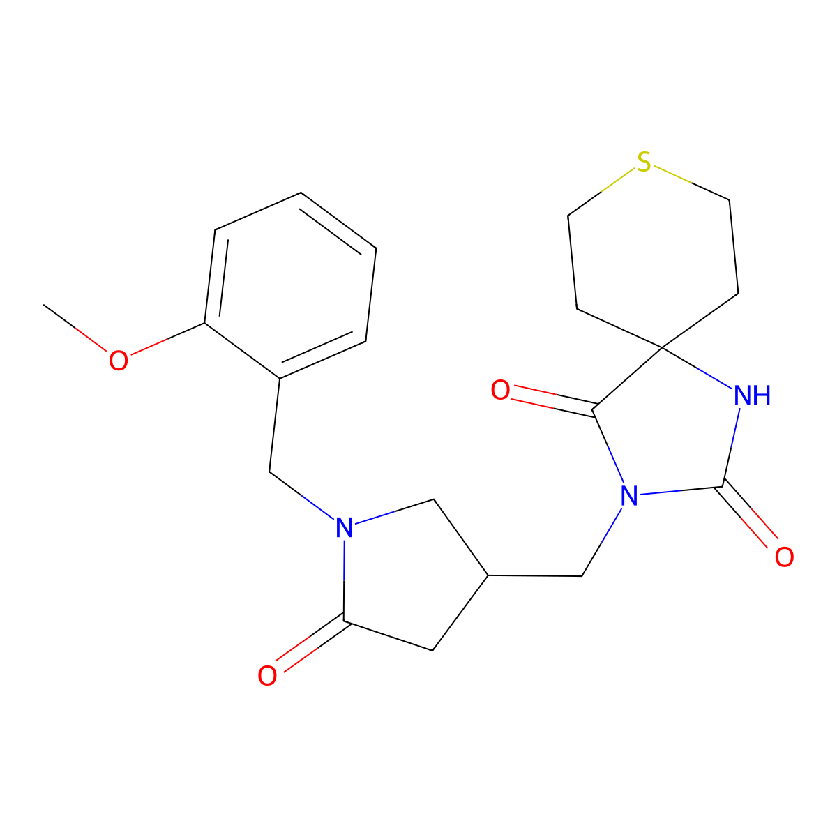 3-({1-[(2-Methoxyphenyl)methyl]-5-oxopyrrolidin-3-yl}methyl)-8-thia-1,3-diazaspiro[4.5]decane-2,4-dione molecular structure, CAS 2770613-42-6