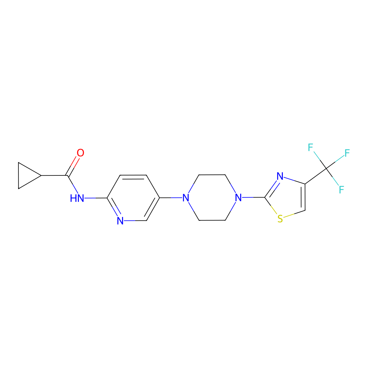 N-(5-{4-[4-(trifluoromethyl)-1,3-thiazol-2-yl]piperazin-1-yl}pyridin-2-yl)cyclopropanecarboxamide molecular structure, CAS 2770613-46-0