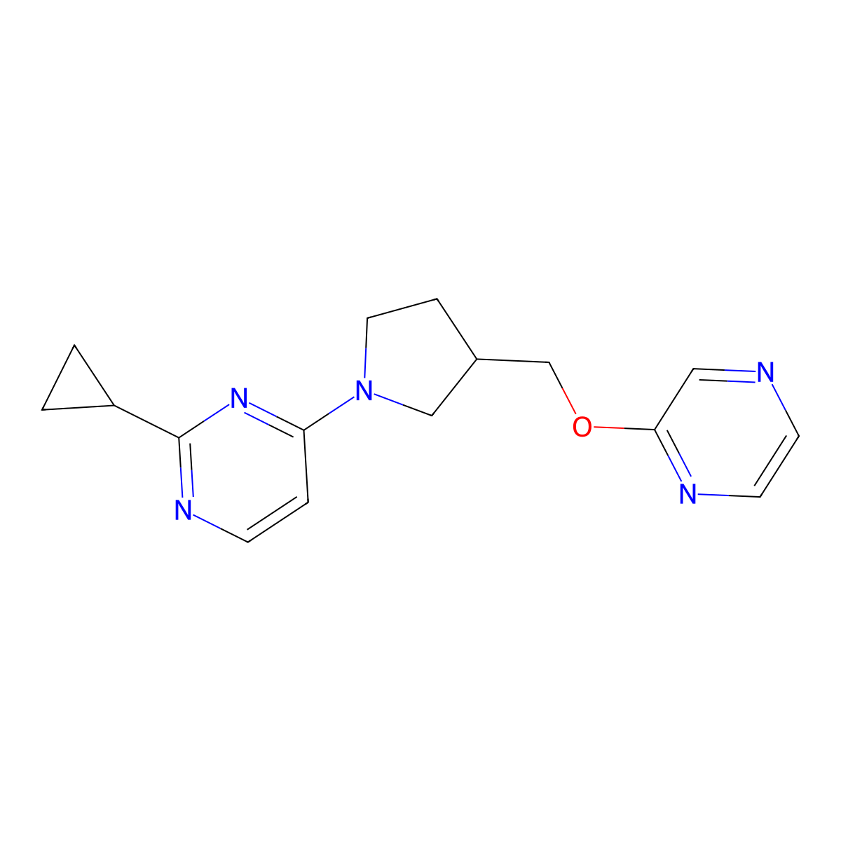 2-Cyclopropyl-4-{3-[(pyrazin-2-yloxy)methyl]pyrrolidin-1-yl}pyrimidine molecular structure, CAS 2770613-48-2