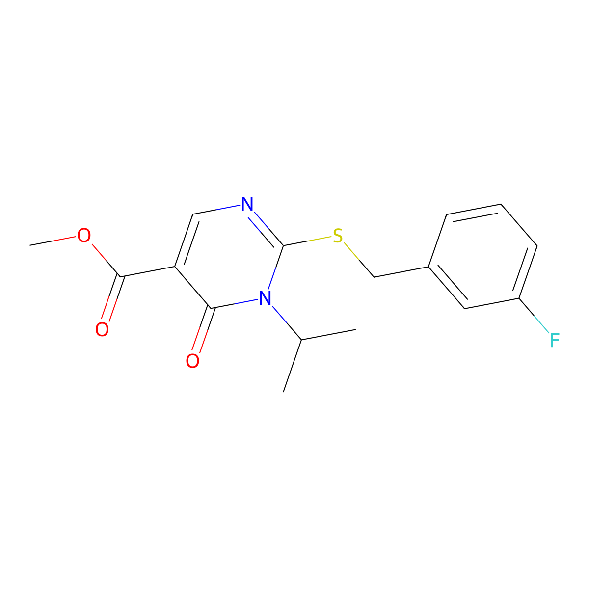 Methyl 2-{[(3-fluorophenyl)methyl]sulfanyl}-6-oxo-1-(propan-2-yl)-1,6-dihydropyrimidine-5-carboxylate molecular structure, CAS 2770613-49-3