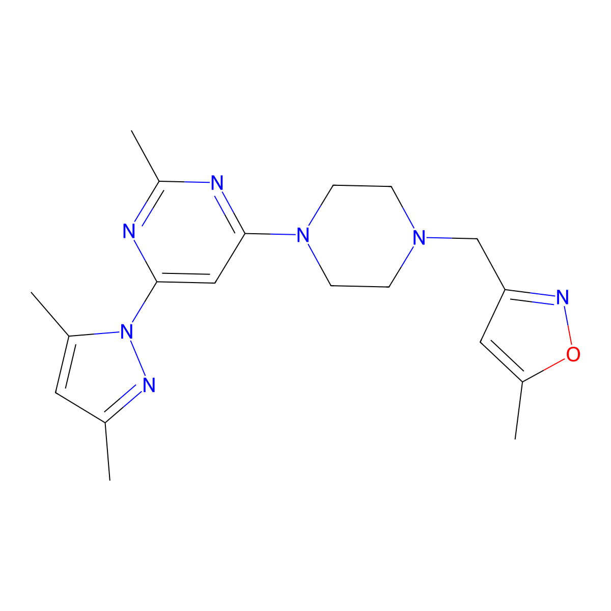 4-(3,5-dimethyl-1H-pyrazol-1-yl)-2-methyl-6-{4-[(5-methyl-1,2-oxazol-3-yl)methyl]piperazin-1-yl}pyrimidine molecular structure, CAS 2770613-52-8