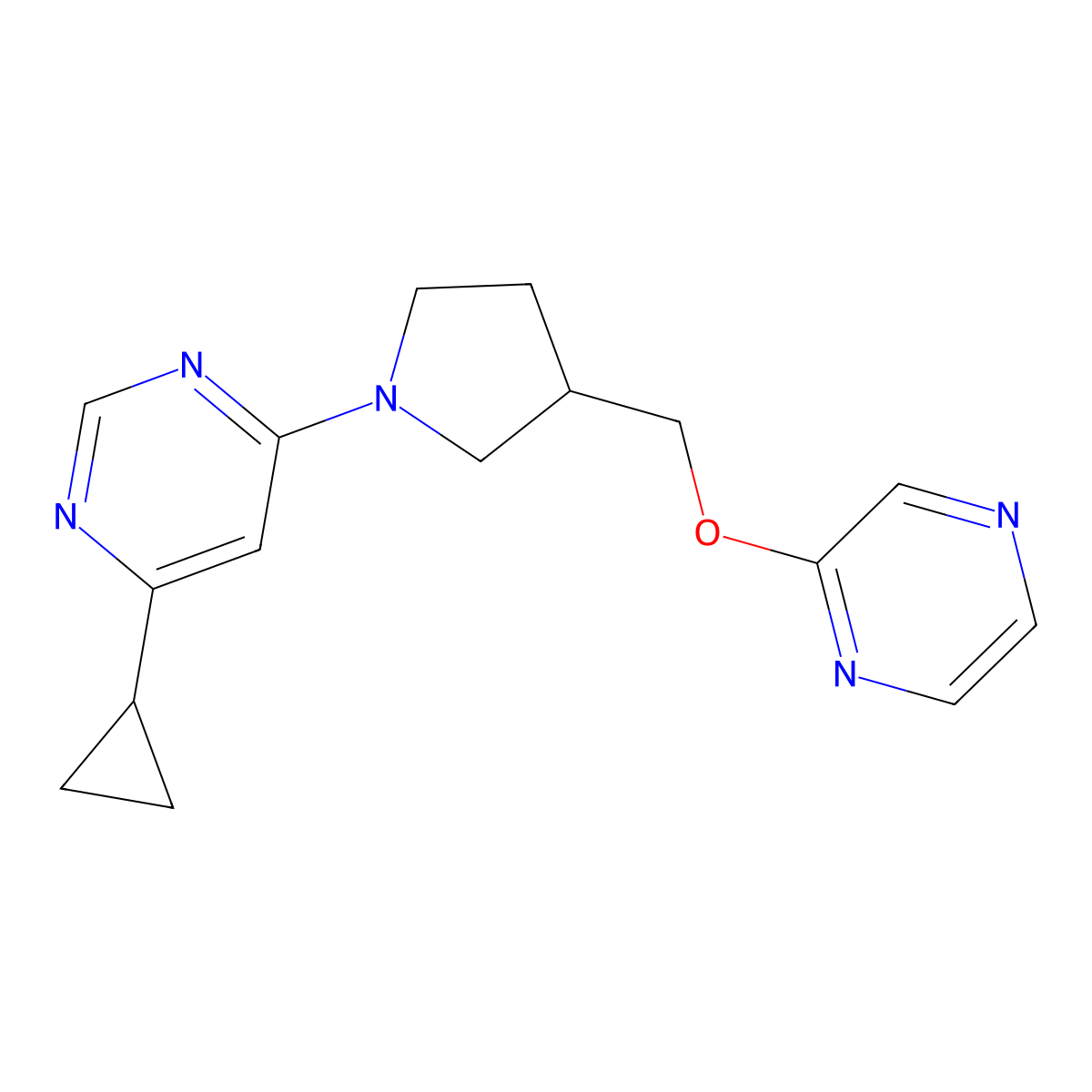 4-Cyclopropyl-6-{3-[(pyrazin-2-yloxy)methyl]pyrrolidin-1-yl}pyrimidine molecular structure, CAS 2770613-53-9