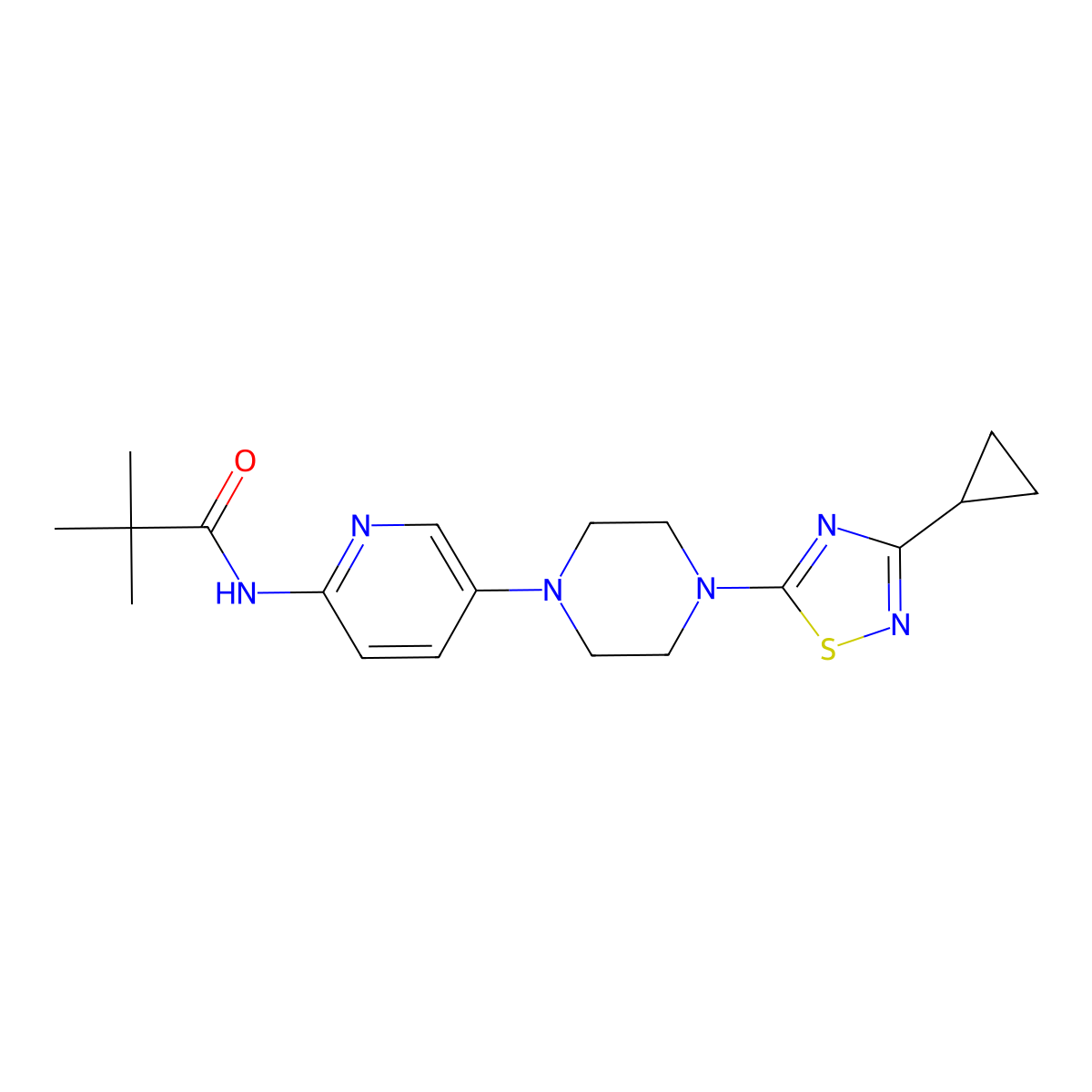 N-{5-[4-(3-cyclopropyl-1,2,4-thiadiazol-5-yl)piperazin-1-yl]pyridin-2-yl}-2,2-dimethylpropanamide molecular structure, CAS 2770613-57-3