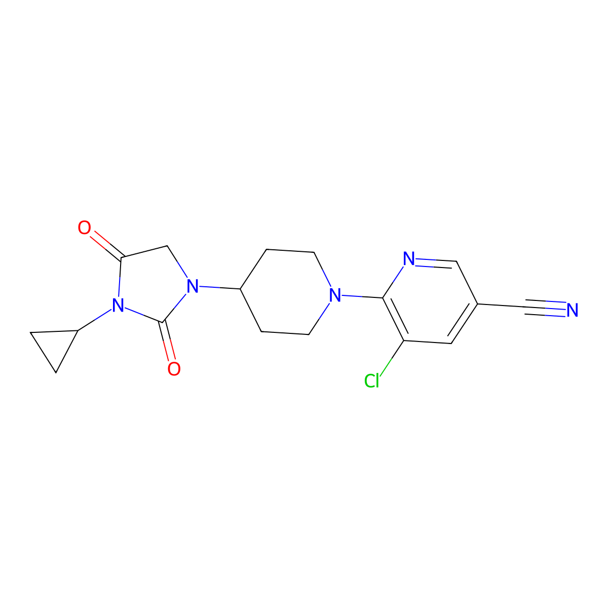 5-Chloro-6-[4-(3-cyclopropyl-2,4-dioxoimidazolidin-1-yl)piperidin-1-yl]pyridine-3-carbonitrile molecular structure, CAS 2770613-58-4