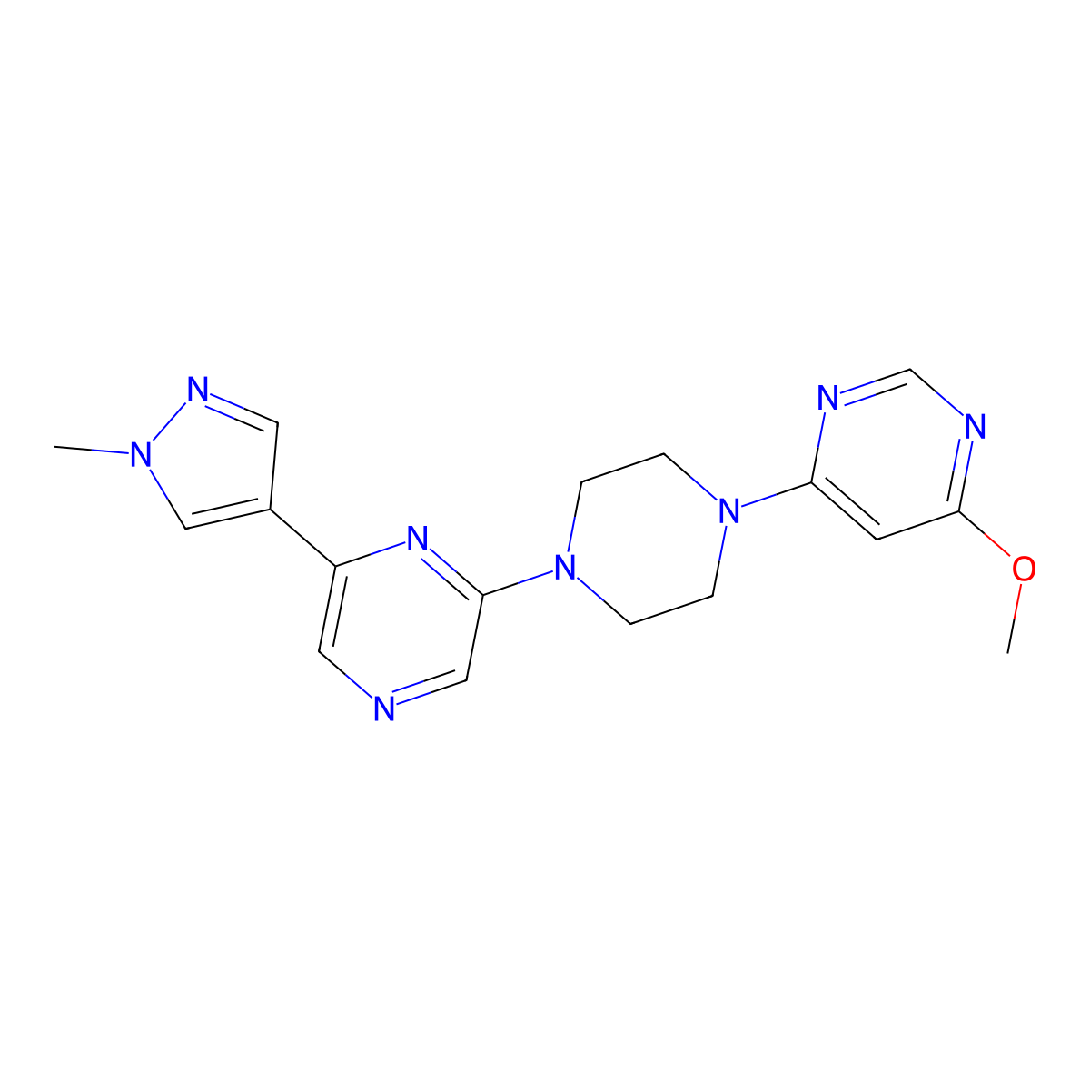 2-[4-(6-methoxypyrimidin-4-yl)piperazin-1-yl]-6-(1-methyl-1H-pyrazol-4-yl)pyrazine molecular structure, CAS 2770613-59-5