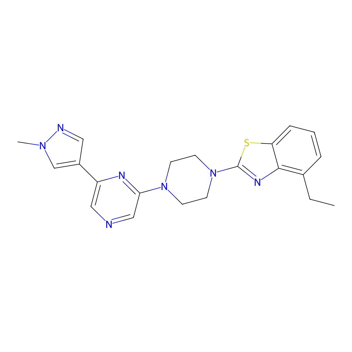 4-ethyl-2-{4-[6-(1-methyl-1H-pyrazol-4-yl)pyrazin-2-yl]piperazin-1-yl}-1,3-benzothiazole molecular structure, CAS 2770613-68-6
