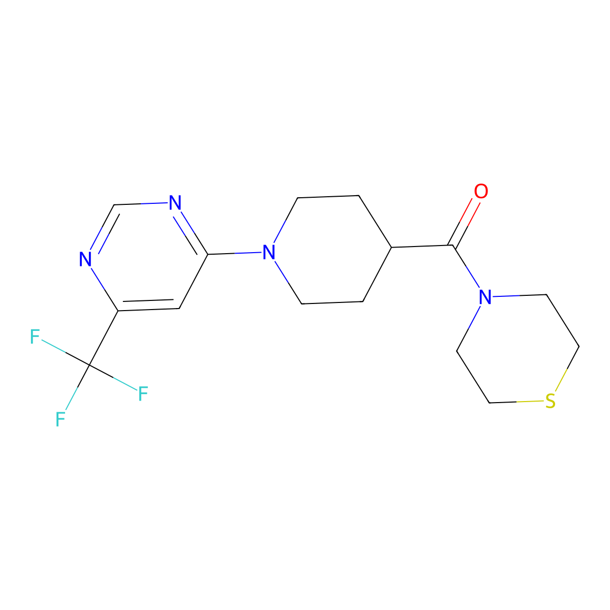 4-{1-[6-(Trifluoromethyl)pyrimidin-4-yl]piperidine-4-carbonyl}thiomorpholine molecular structure, CAS 2770613-70-0