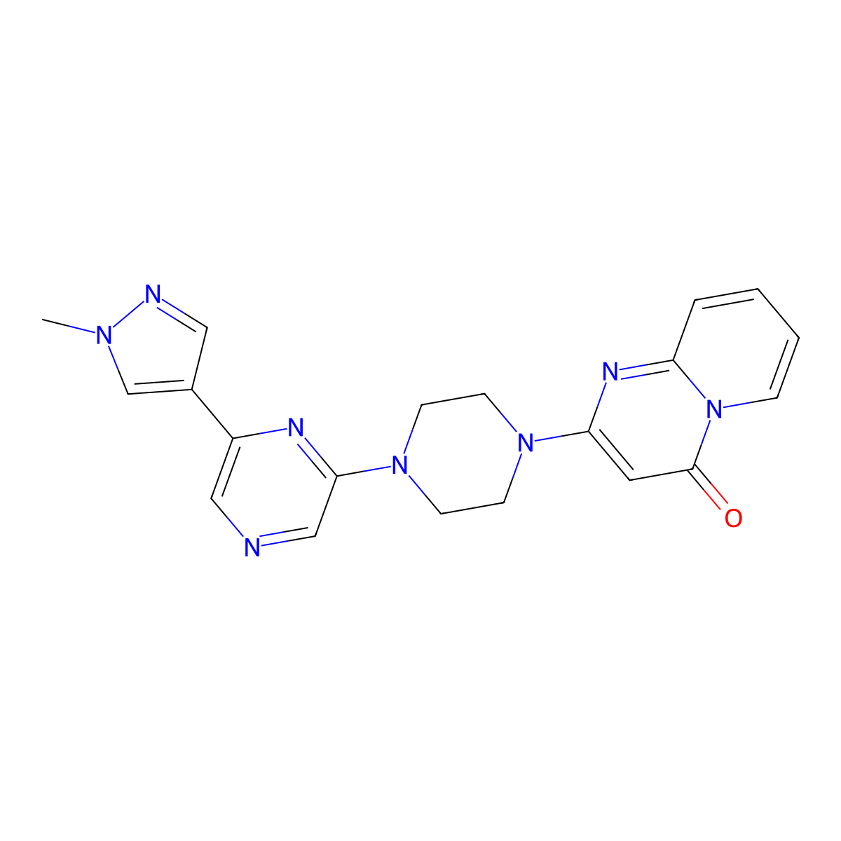 2-{4-[6-(1-methyl-1H-pyrazol-4-yl)pyrazin-2-yl]piperazin-1-yl}-4H-pyrido[1,2-a]pyrimidin-4-one molecular structure, CAS 2770613-72-2